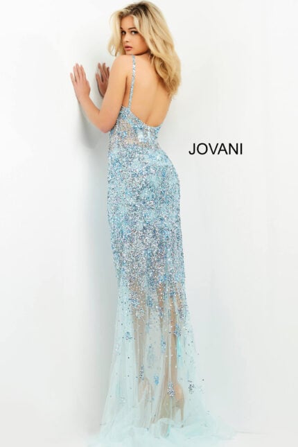 Model wearing Jovani 05872 light blue gown with open back and delicate straps.
