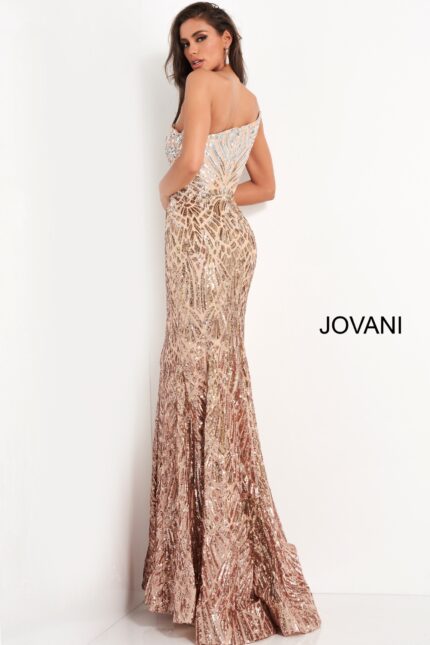 Model wearing Jovani 06469 silver sequined dress back view