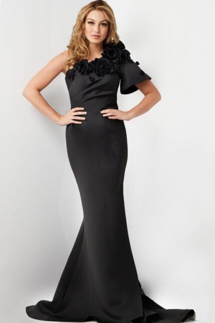 Model wearing Jovani 24279 black dress with asymmetrical floral design