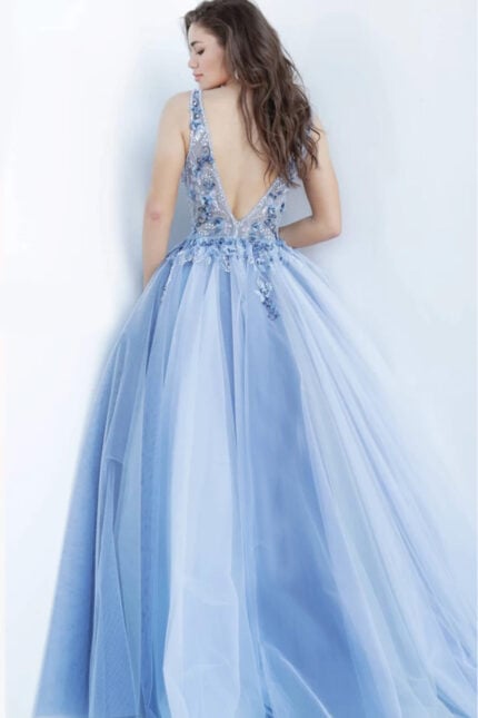 Model wearing Jovani 3110 blue ballgown, back view showing embroidery.