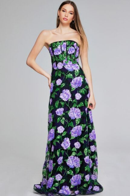 Model wearing 39116 - strapless purple floral gown, front view