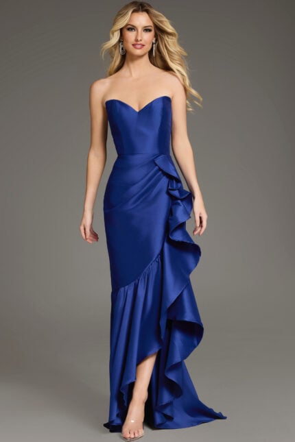 Model wearing Jovani 39265 blue gown with sweetheart neckline and ruffled skirt