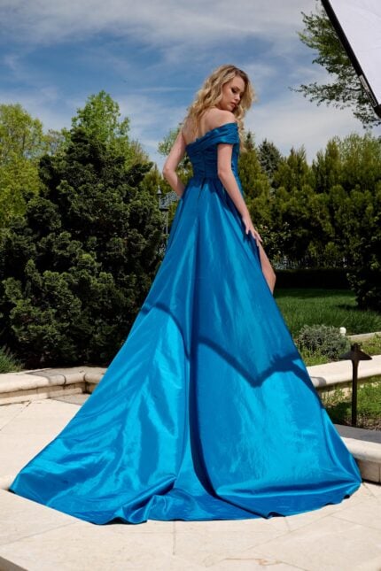 Model wearing Teal Off-Shoulder Mini Dress with Train 40128