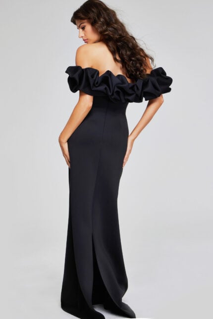 Model wearing Jovani 41084 dress showing back view with ruffled sleeves.