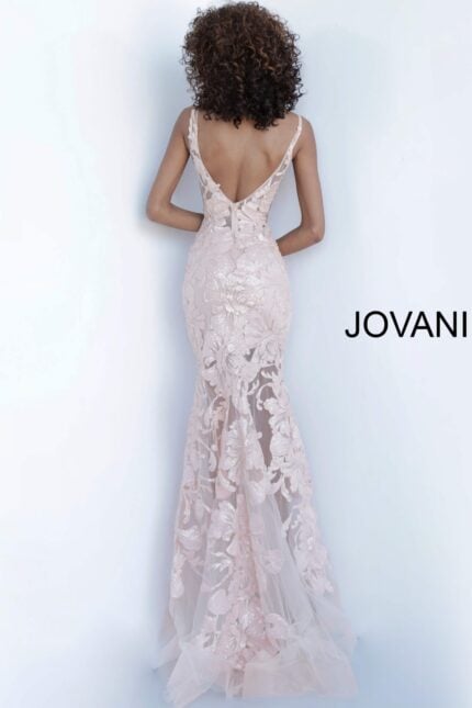 model wearing Jovani 60283 pink dress with floral applique, back view